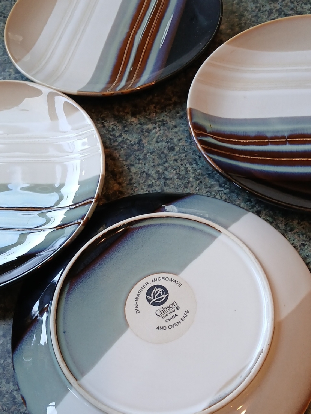 Gibson Blue, Tan, Cream and Brown Striped Stoneware Sandwich Plates, Set of 4